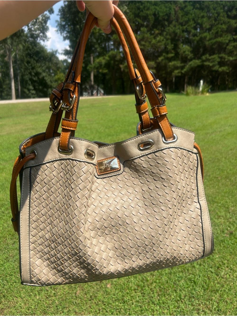 Simply Noelle Woven Taupe Cognac Large Satchel Tote Shoulder Bag